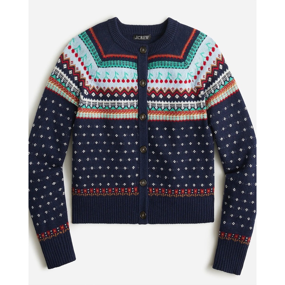 J.Crew Women Navy Blue Fair Isle Cardigan Sweater Size M Musical Note Floral